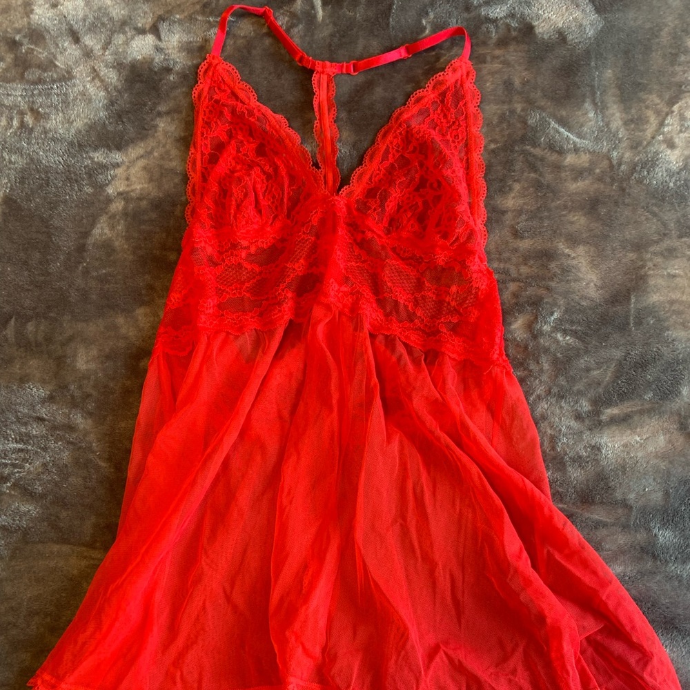 Victoria’s Secret Red Sheer Lace Babydoll with Halter Straps